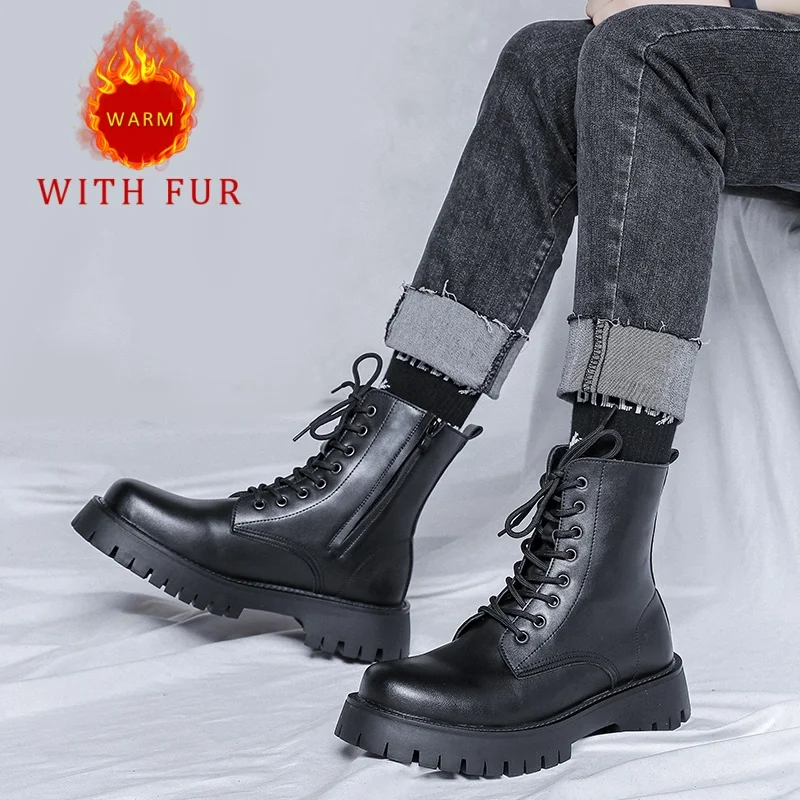 

Men's Black autumn and winter boots Classic casual style Party or Fashion Street 38-46 Warm high top leather shoes Thick soled