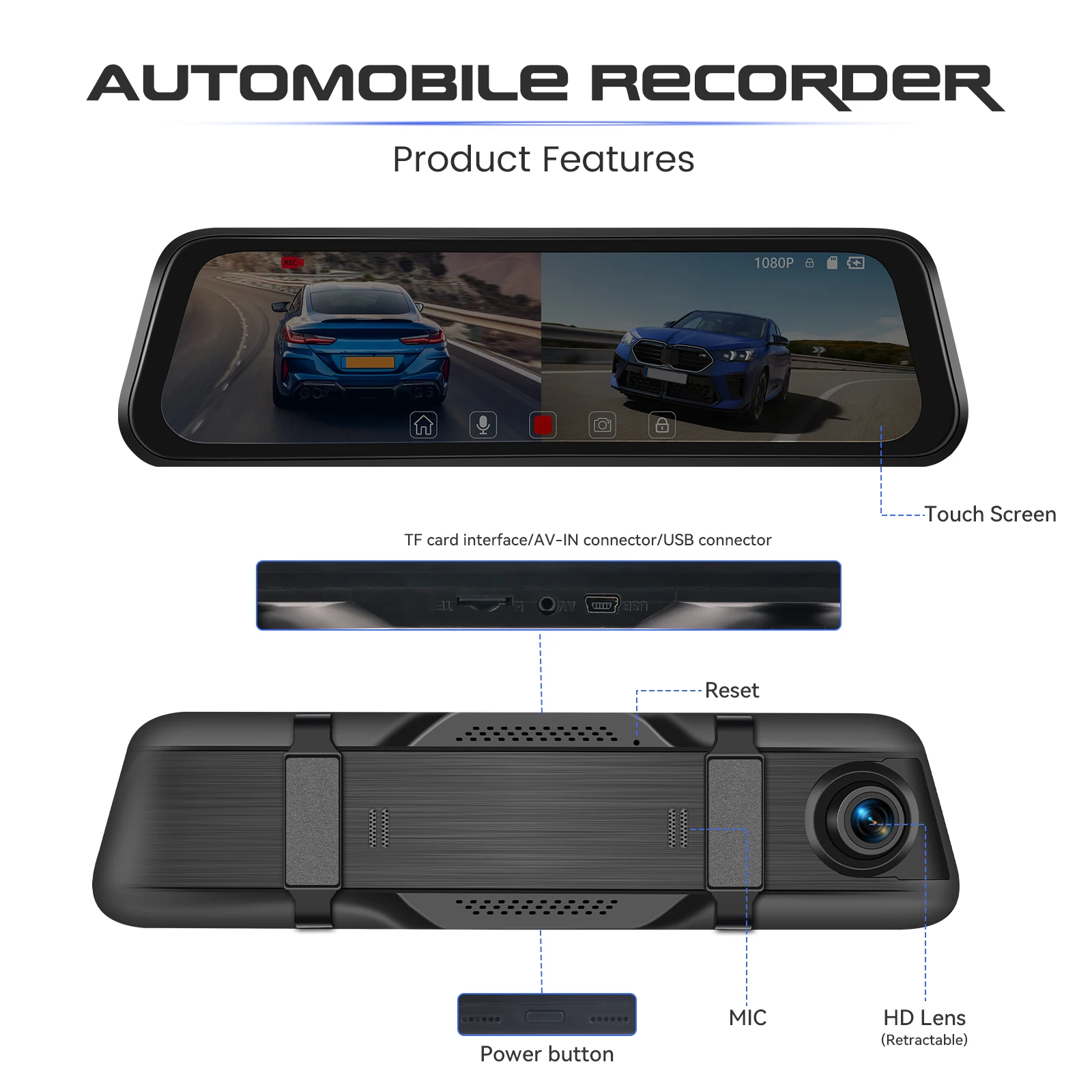 Podofo 9,66'' Dashcam 1080P Dual-Objektiv Auto-DVR Mehrsprachiger Auto-Videorekorder mit 480P Rückfahrkamera 150° ° Breiter Betrachtungswinkel – Detail 14