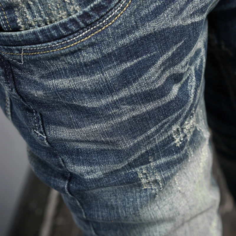Newly Designer Fashion Men Jeans Retro Blue Elastic Slim Ripped Jeans Men Trousers Embroidery Vintage Casual Denim Pants Hombre