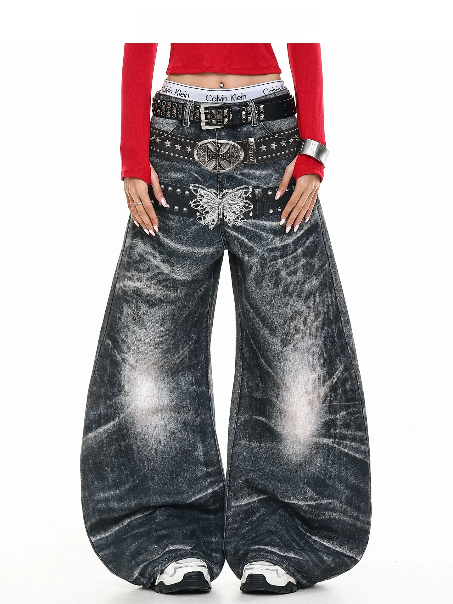 

Free Center American Street Dual Waist Belt 3D Digital Print Knife Wide Leg Jeans ex Cotton Denim