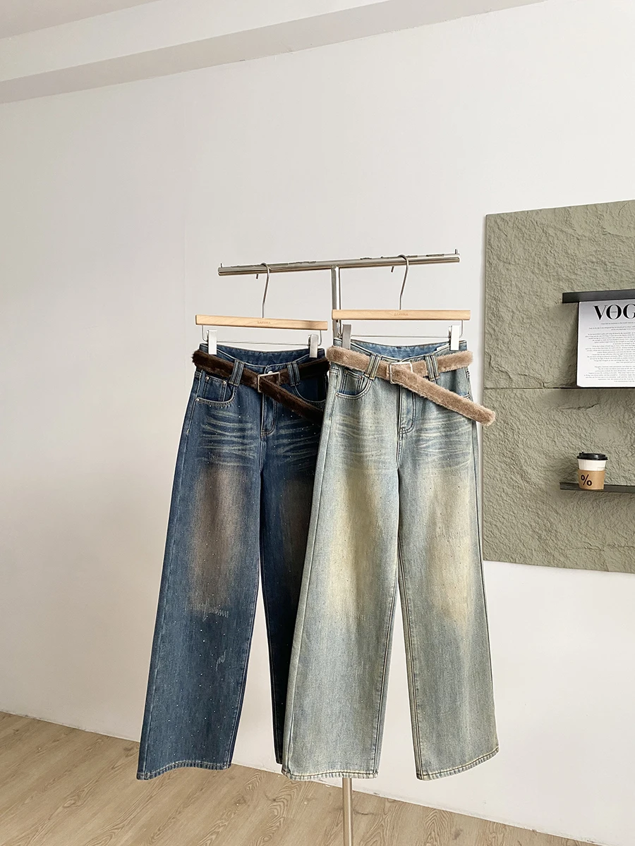 

Elegant High Waist Rhinestone Denim Pants Vintage Style Wide Leg Women's Fashionable Slim Fit Autumn Winter New Arrival