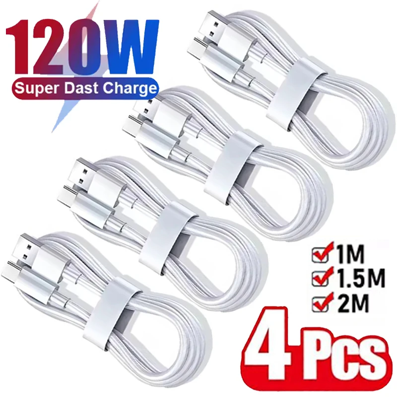 4Pcs 6A Cable 120W Super Fast Charging USB to Type C Cable For Android Highspeed Data Transfer For Xiaomi Redmi 1M 2M Cable