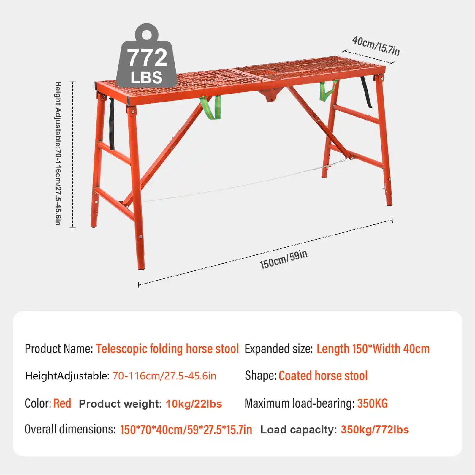 Draagbare steigers, werkbankstapladder met een capaciteit van 770 lb, in hoogte verstelbaar 27,6 tot 45,7 inch steiluitrusting (rood)