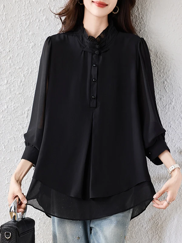 エレブラ スプライス ロングスリーブ スタンドカラー シフォン イルト レディース ファッション 春秋新作 スリープラスサイズ プロフェッショナル ブラ...