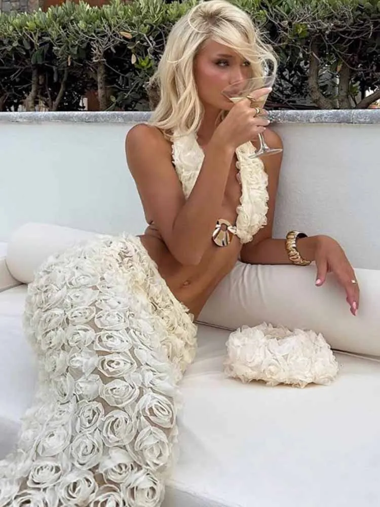 Mcdv halter sexy 3d flor vestido conjunto feminino metal rendas até sutiã topos + calcinha + saia longa terno 2025 verão praia férias outfits y2k