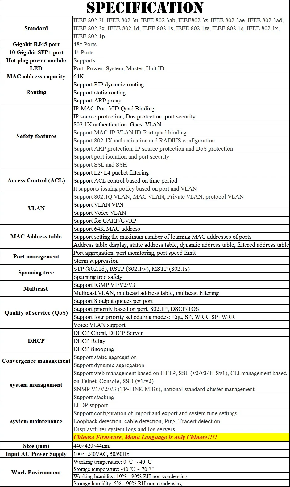 48*Port Gbit/s 4*SFP+ Optical Port 10Gbit/s 10 Gigabit uplink Stacked 3-layer Ethernet Network Managed Switch 64K MAC VLAN IPv6