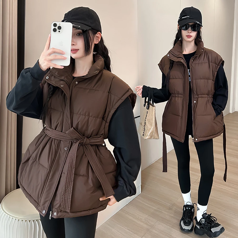 Autumn Winter Belt Slim Cotton Jacket Vest for Women 2025 Fashion Stand Up Collar Zipper Waistcoat Warm Sleeveless Quilted Coats