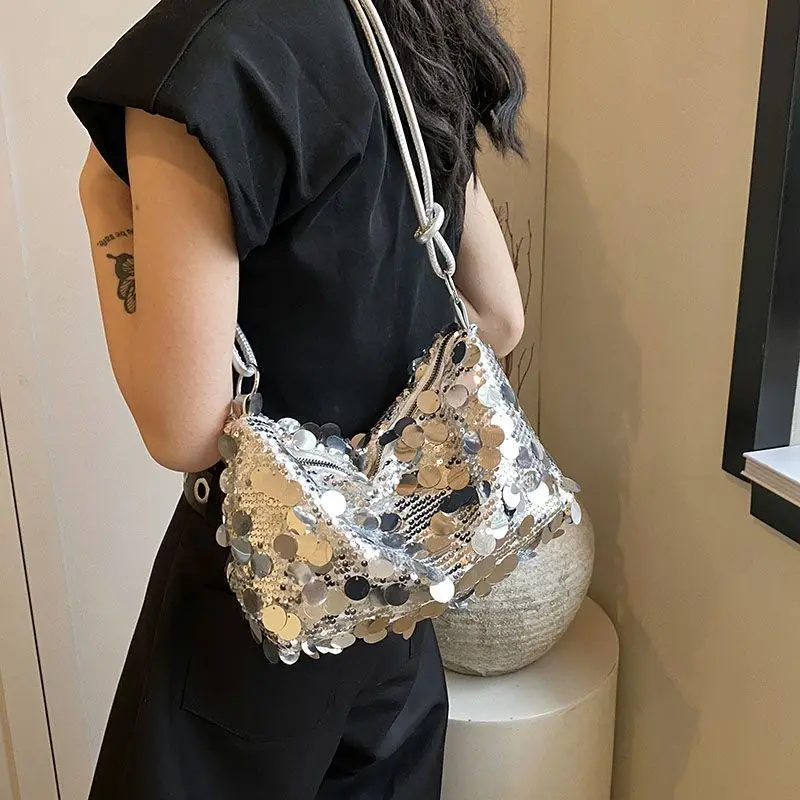 Alta qualidade saco pequeno feminino 2025 nova moda lantejoulas estilo ocidental crossbody saco nicho design ombro axilas impressionantes bolsas