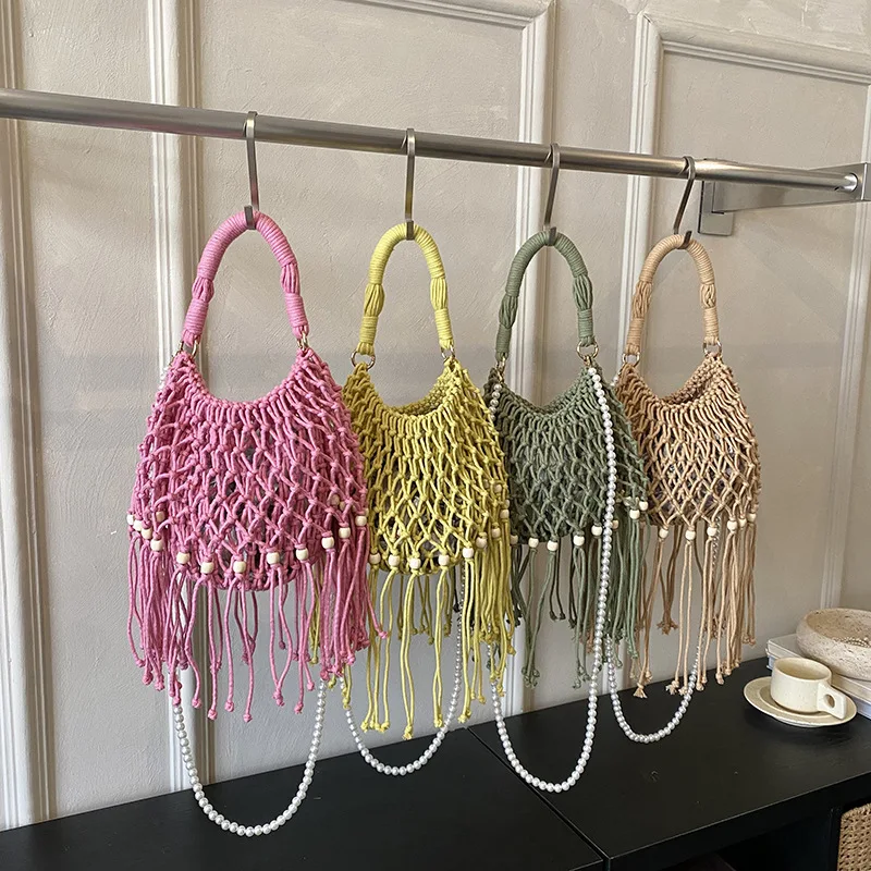 

Женская летняя сумка через плечо ручной работы, легкая пляжная сумка-кроссбоди в богемном стиле с ажурным узором, бахромой и жемчужной цепочкой