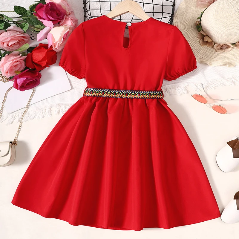 Summer Cute Girl Short Sleeved Princess Dress Children\'s Leisure Wedding Birthday Party Girl Detachable Belt Red Fluffy Dress