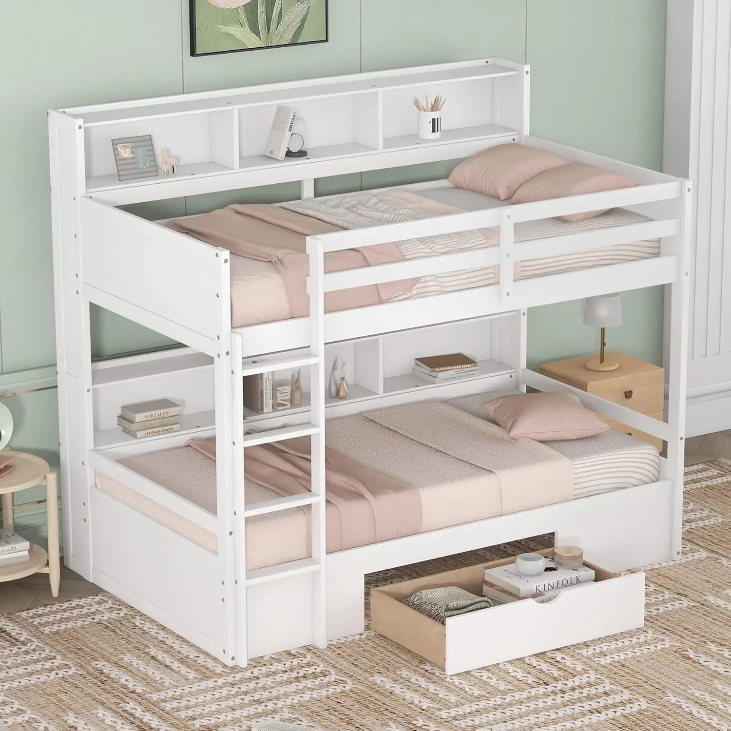 

Polibi Twin Over Twin Bunk Bed with Built-in Shelves Beside Both Upper and Down Bed and Storage Drawer,Twin Size Wooden Bunk Bed