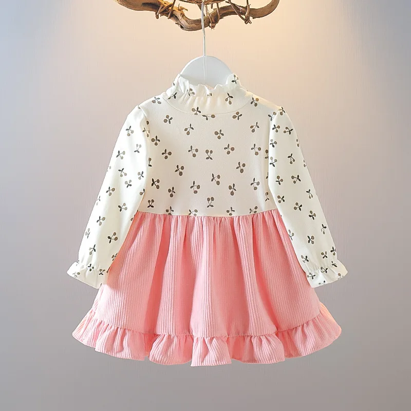 Kid Girl Long Sleeve Dress Floral Lovely Bear Corduroy Strap Style Dress Fashion Cute Photograph Outfit for Child Girl