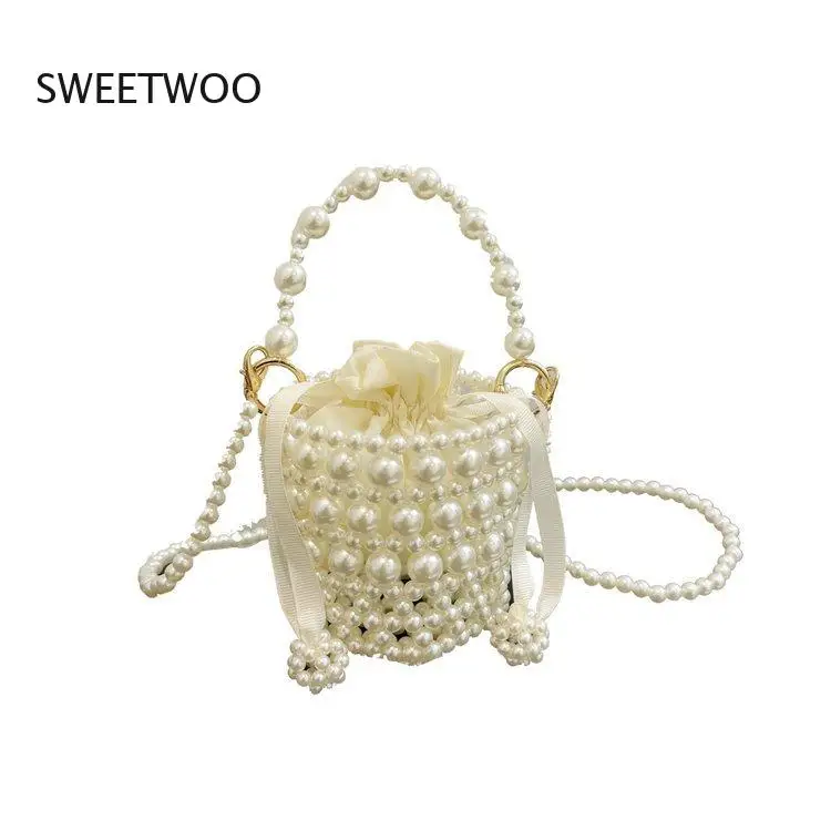 

Women's Handmade Beaded Pearl Bucket Bag, Mini Drawstring Crossbody Purse, Ideal for Weddings, Parties & Formal Events