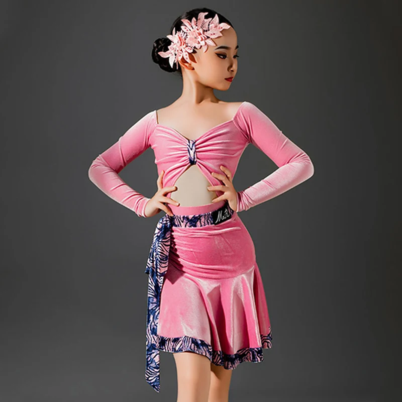 Pink Velvet Latin Dance Dress Kids Girls Long Sleeves Dance Clothes Practice Dress Ballroom Dance Competition Clothing DNV20621