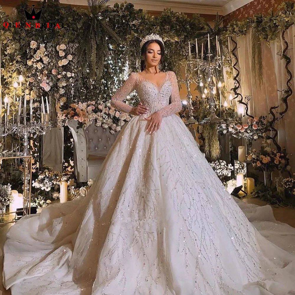 Luxury Ball Gown Weddding Dresse Long Sleeve Sequin Tulle Lace Crystal Beads 2023 Gorgeous Muslim Dubai Bridal Gowns SD64M