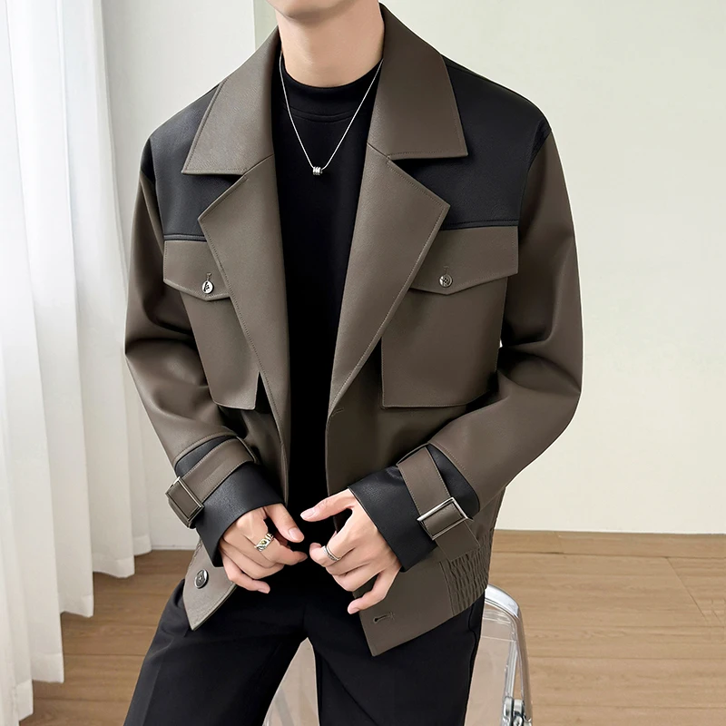 

Autumn Winter Motorcycle Leather Jacket Fashion Loose Patchwork PU Leather Jacket Big Pocket Workwear Social Streetwear Coat
