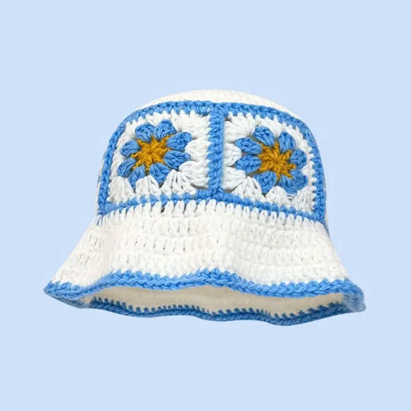 2023 Autumn New Crochet Korean Handmade Bucket Hat Women Weaving Knitted Hat Y2k Fashion Flowers Autumn Winter Beanies Basin Cap