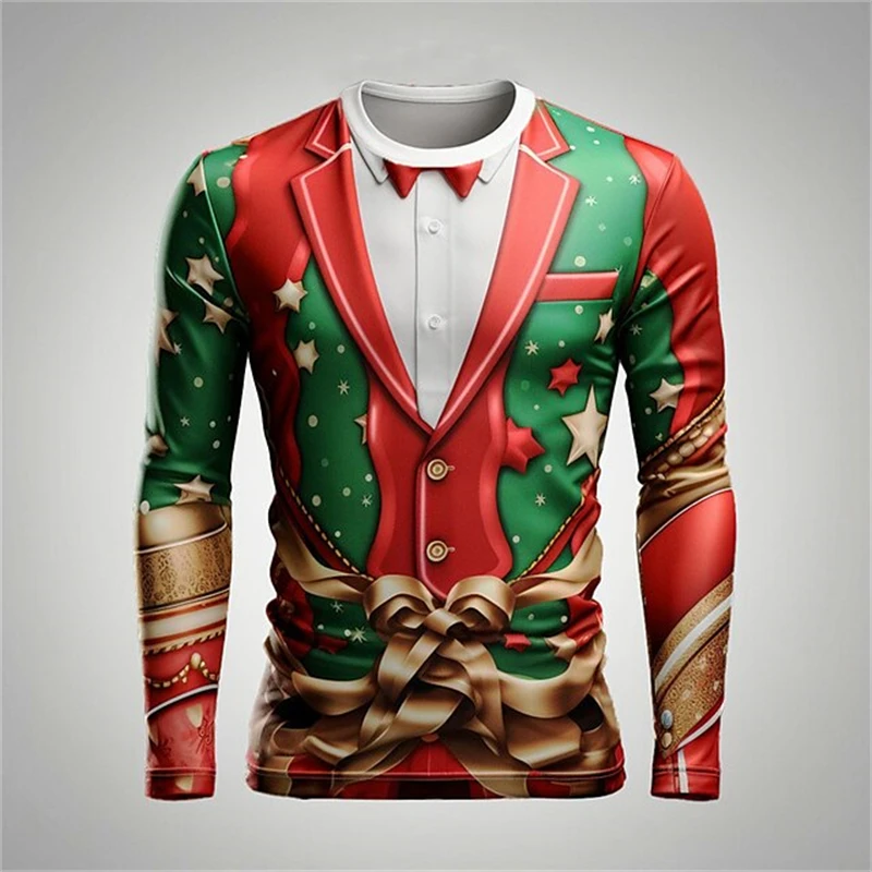 

Christmas Series Simulated Suit T-shirt 3D Print Harajuku Printed Men Personality Long Sleeve O Neck Fashion Party Top T Shirt