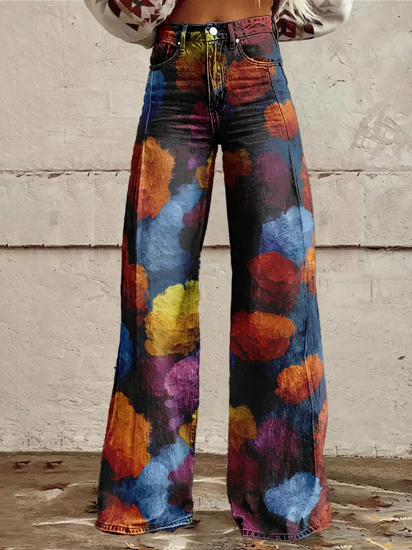 Women's imitation jeans printed with various high waisted flared pants, retro fashion, high and slim, versatile women's jean