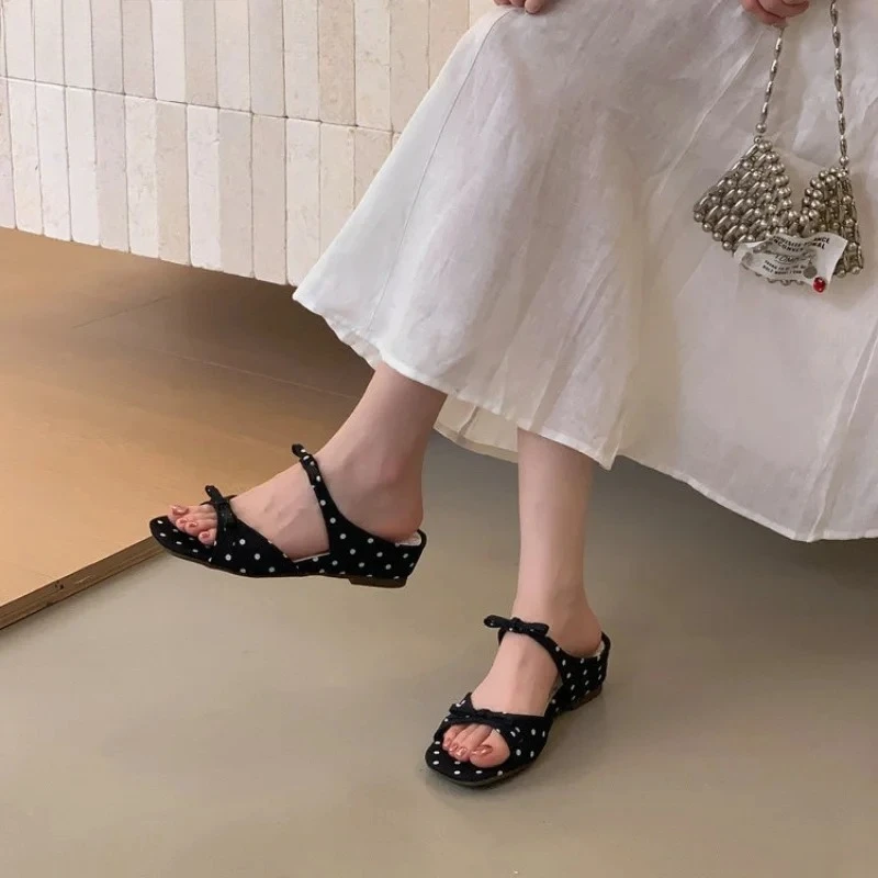 New Summer Butterfly-knot Polka Dot Women Slippers Elegant Open Toe Mid Heel Shoes Ladies Outdoor Daily Wear Dress Slides - view 4