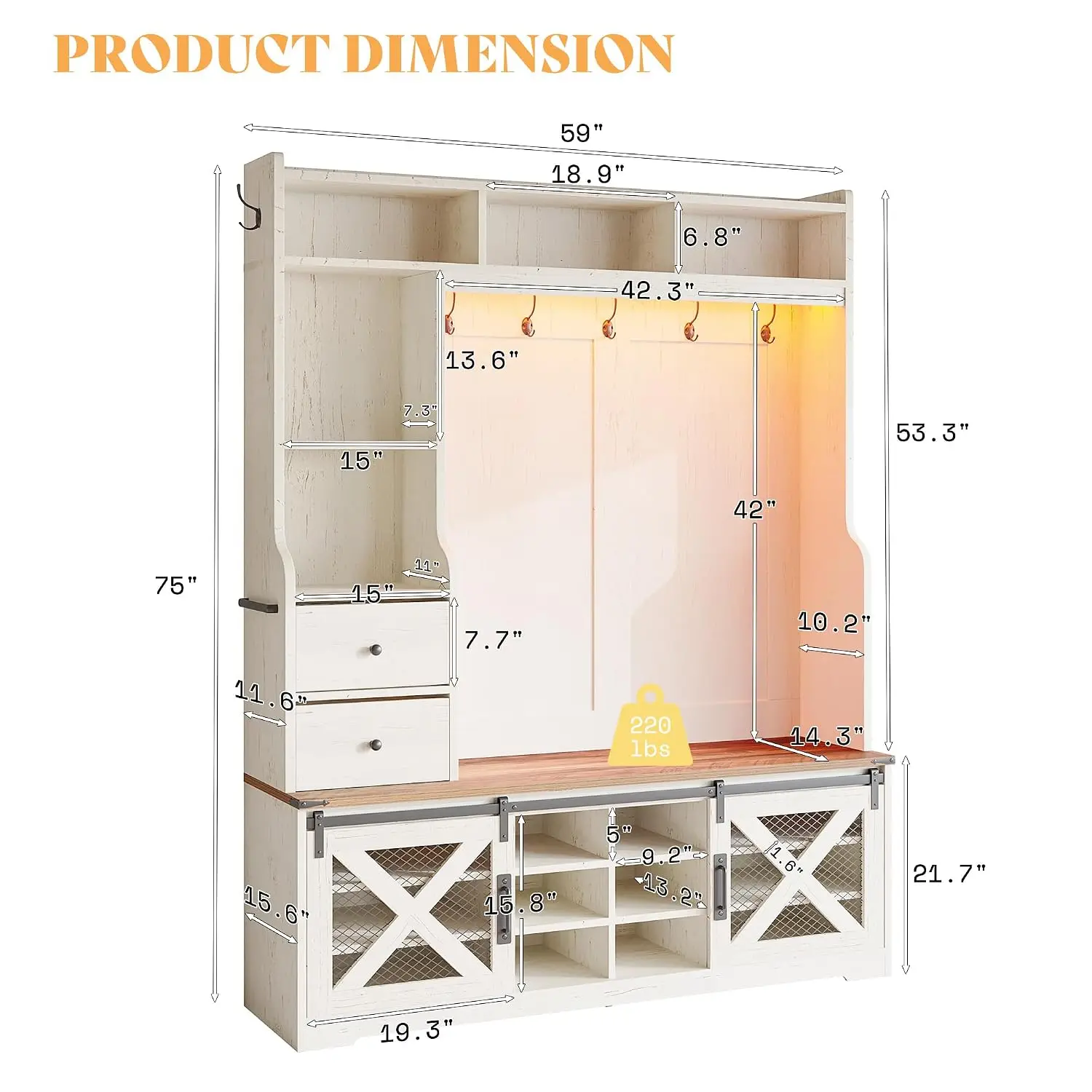 7-in-1 Design, 16-Color RGB LED Lights, Barn Door Cabinet, 12 Shoe Cubbies, 2 Drawers, Adjustable Shelves, Coat Racks