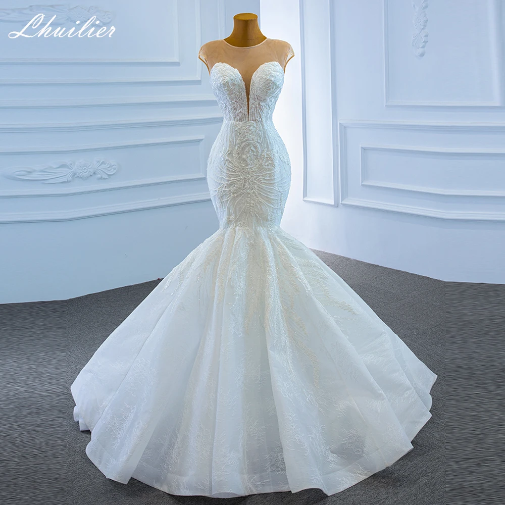 

Lhuilier Customized Lace Mermaid Wedding Dresses O-Neck Sleeveless Floor Length Beaded Bridal Gowns with Court Train