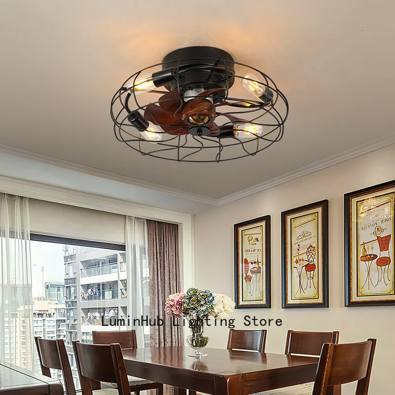 Integrated Iron Art Bedroom Flush Mount Ceiling Fan Light for Home Dining, Creative Vintage Living Study Electric Fan Lamp