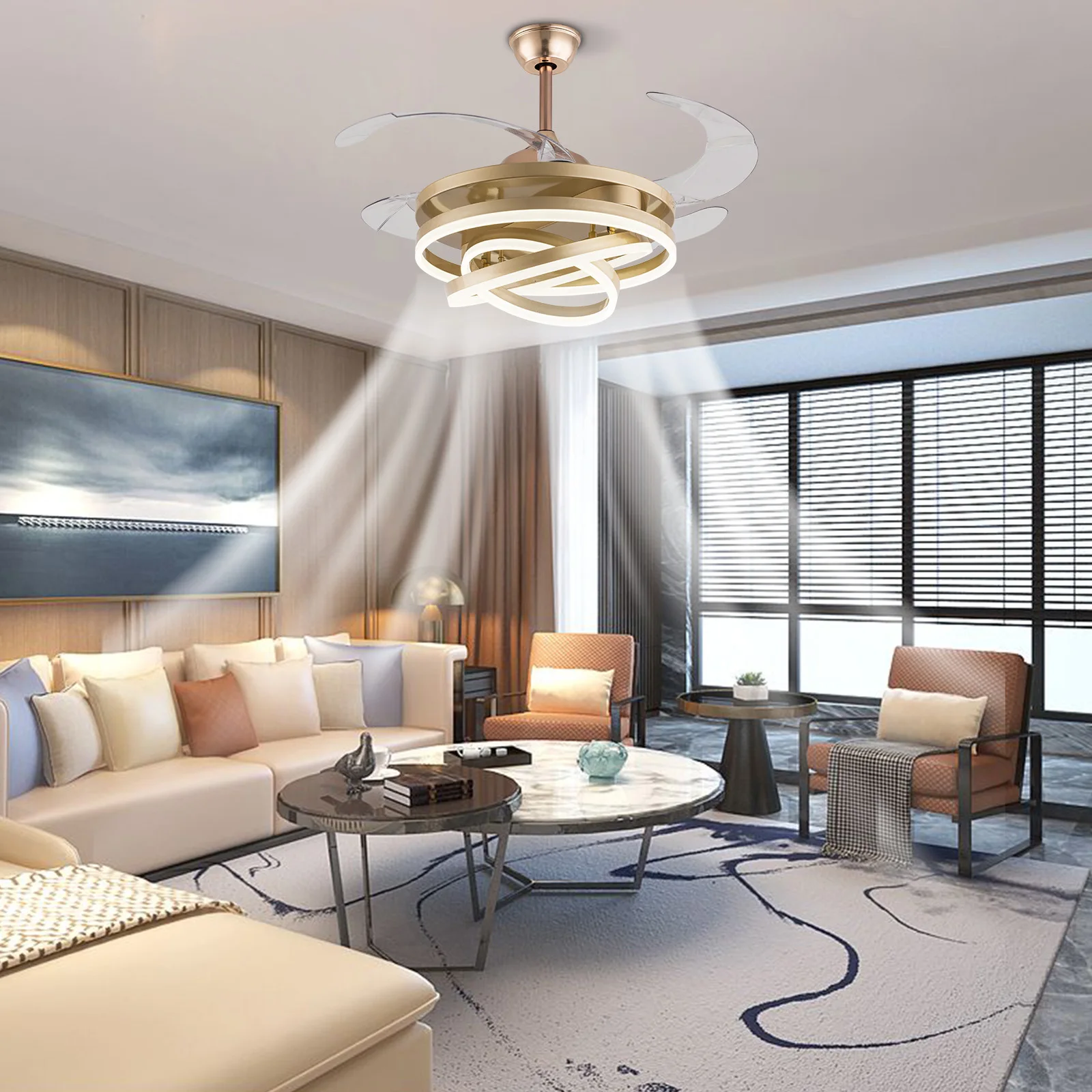 

42 Inch Modern Invisible Fan Chandelier Retractable Fandelier LED Ceiling Fan Light with Retractable Blades and Remote Control