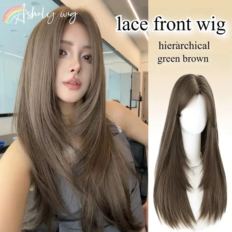 

Green Brown Wig for Women Long Straight Hair Wig for Daily Use 24inch Hierarchical Cosplay Synthetic Wigs Pelucas De Mujer