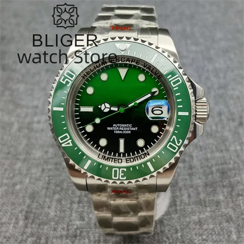 BLIGER 43mm SEA Taucheruhr Für Männer NH35A Automatische Mechanische Armbanduhr Saphirglas Grün Leucht 10ATM Wasserdichte Armbanduhr