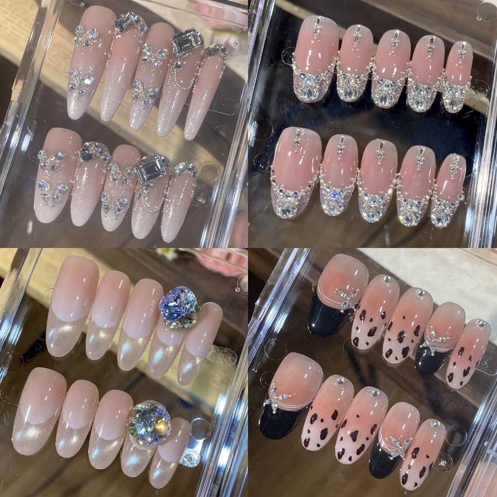 

Gentle Elegant Long Ellipse Handmade Reusable Full Cover Nails Diamond Cat Eyes Flower Pearl French Gradients Press On Nails