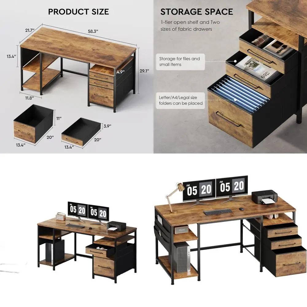

Стол Maihail для домашнего офиса с регулируемыми полками и ящиками, 59-дюймовый письменный стол с картотечным шкафом, большой компьютерный стол со Stora
