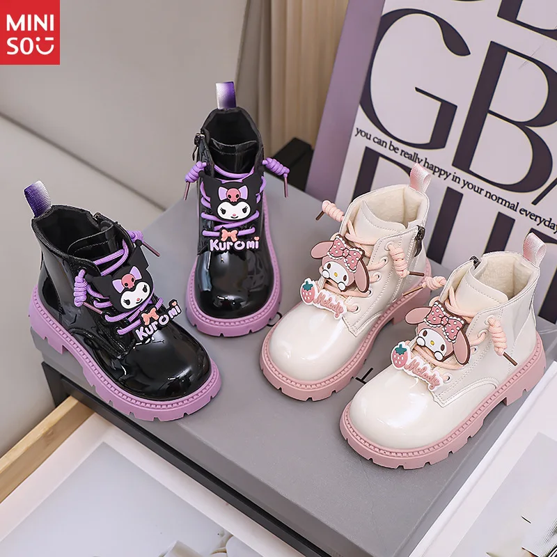 

Miniso 2025 Kids Casual Leather Boots, Cartoon Print Fashion Shoes for Big Girls & Boys