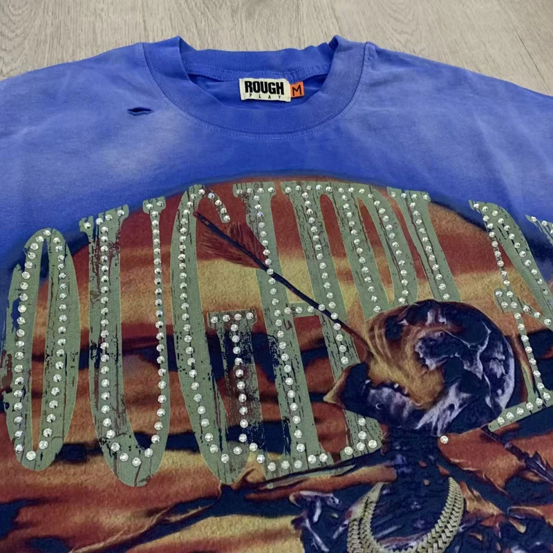 Vintage Washed Blue Do Old Damaged Hot Diamond Roguh Play Vest American Streetwear Brand High Quality ROUGH PLAY T-shirts
