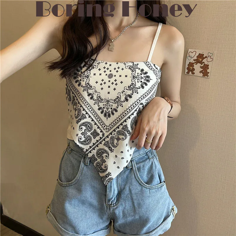 

Boring Honey Summer New Clothes For Women Retro Printing Scarves Crop Tops Fashion Chic Knitting Triangle Bowknot Tank Top Women