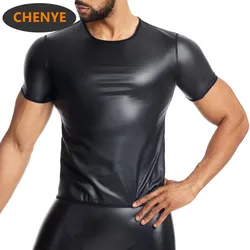 Chemise en cuir noir à manches courtes pour hommes, chemises décontractées, t-shirt sexy pour hommes, vêtements de nuit minces, dos en Y, maillot de corps