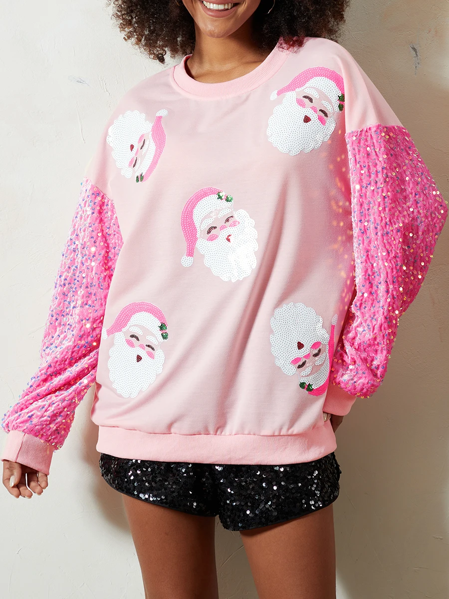 

Women's Christmas Sweatshirt Santa Sequined Crew Neck Long Sleeve Pullover Spring Fall Casual Tops Fashion Streetwear