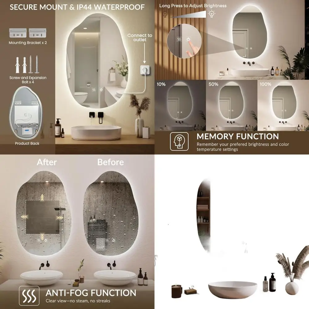 

Зеркало для ванной комнаты с LED-подсветкой, 36x24 дюйма, 3-цветное, с регулировкой яркости, асимметричное