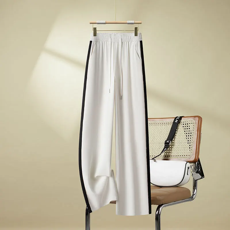 سراويل صيفية نسائية بخصر مطاطي ومتعددة الاستخدامات وشريط جانبي كاجوال مستقيم طويل