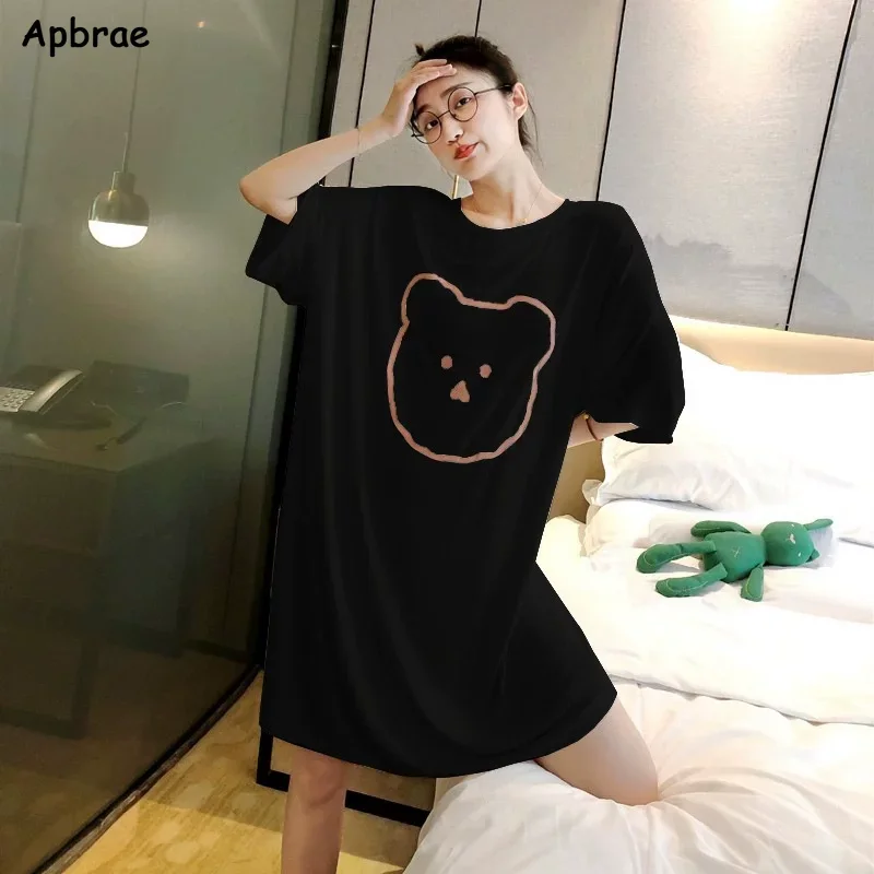 Cute Long Nightgown Summer Woman Milk Silk Kawaii Nightdress Stripe Animal Korean Pajamas Sleepwear Ins Round Collar Home Dress