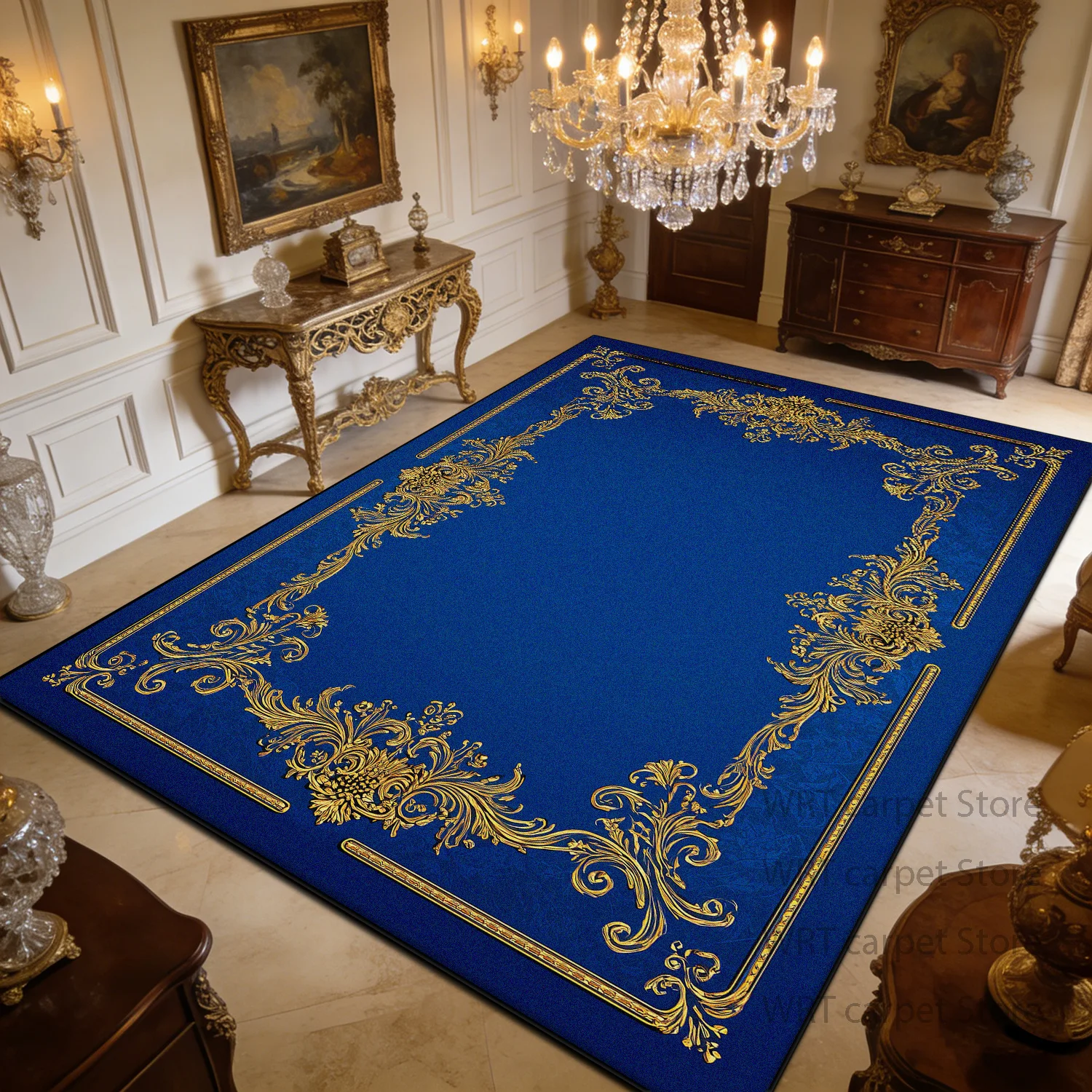 European Style Blue Golden Flower Pattern Carpet Luxury Decoration Home Sofa Large Living Room Rugs Bedroom Lounge Non-slip Mats