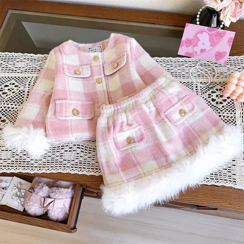 

Baby and Girl Set Autumn/Winter Small Fragrant Wind Thickened Cotton Set Children's Plaid Fashion Coat Half Skirt Set