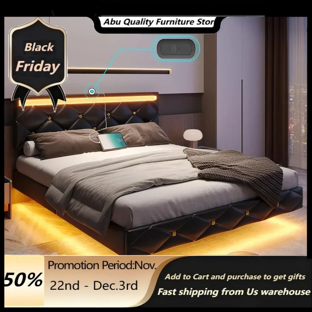 bed，Floating Bed Frame Full Size with Headboard and Charging Ports Modern Visual Full Floating Bed with Led Lights Black Faux