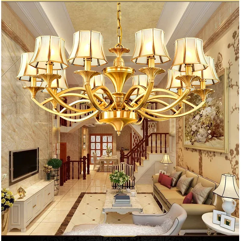 European All Copper Lamp Large Chandelier Villas Stairs Lights Staircase Chandeliers Retro Copper Lamps Home Decor  Chandelier