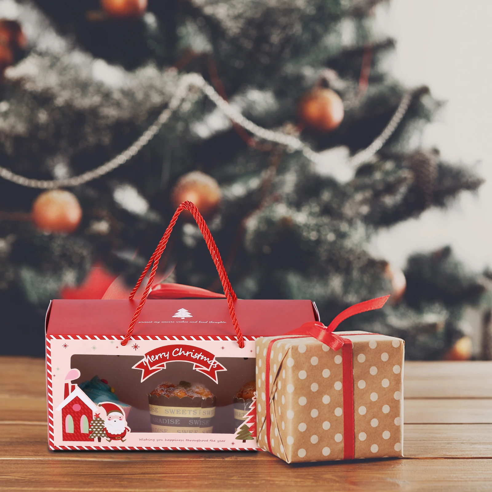 

4 pcs Paper Cupcake Boxes Red Christmas Cake Packaging Thick Sturdy Holders For Cupcakes Pudding Portable Food Storage