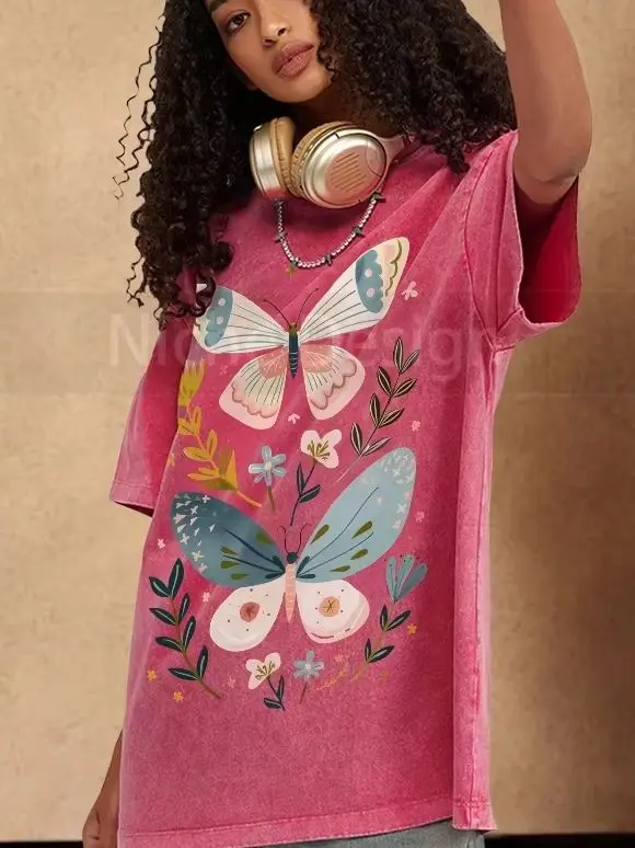 

Unisex Vintage Washed Women T-shirt Y2K Trendy Oversize Retro Butterfly Print Stylish Tee Color Cartoon Design
