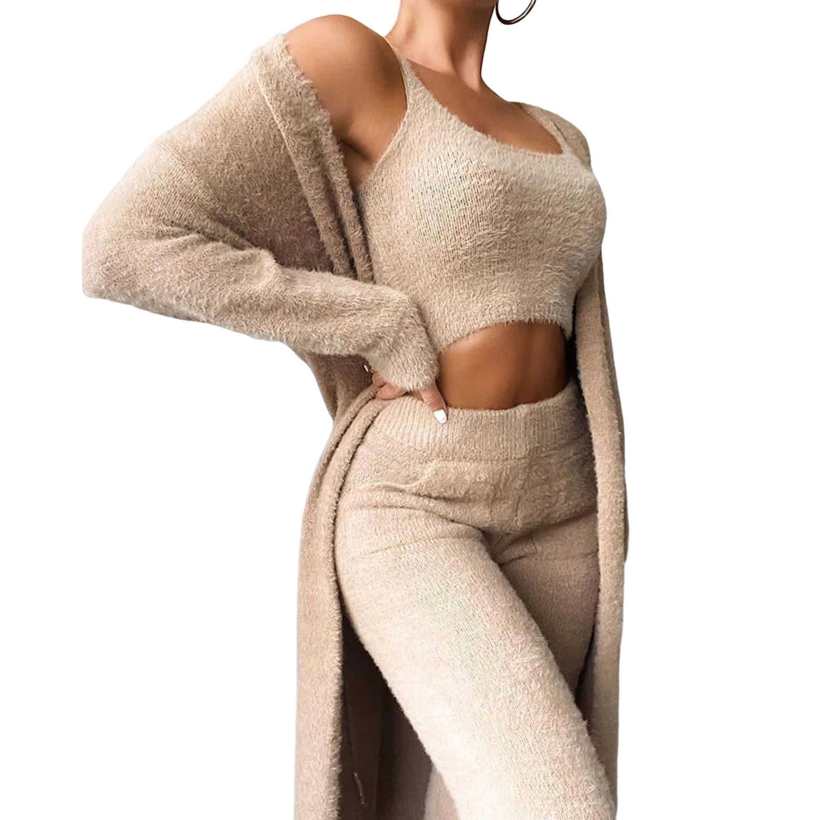 

Women's Fuzzy Pajamas 3pc Suit Hooded Cardigan Crop Top for Vacation Fall Spring Summer