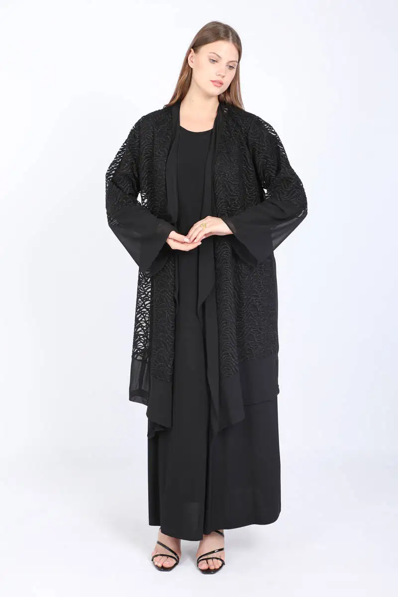 Women's Large Size Lurex Embroidered Dual Suit Black