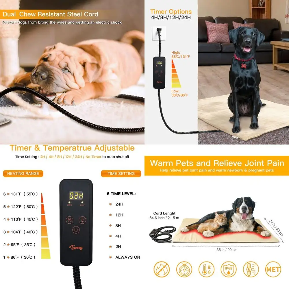 

6-Temperature Dog & Cat Heating Pad, Waterproof, Chew-Proof, 35x24in with Timer