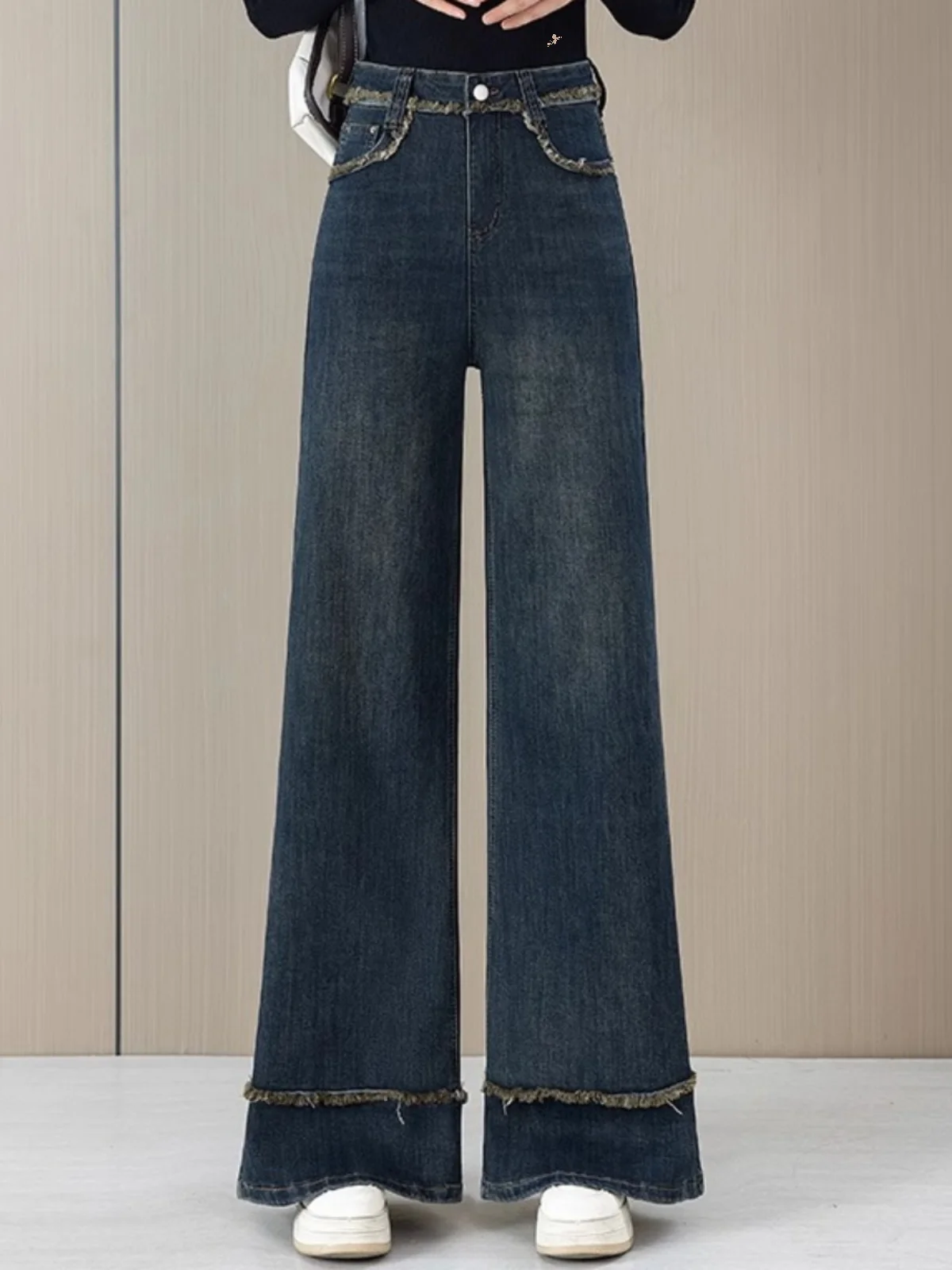 

Retro Blue Denim High Waist Wide Leg Bell Bot for Women Spring Autumn New Sle Frayed Hem Ladies Jeans High Waist